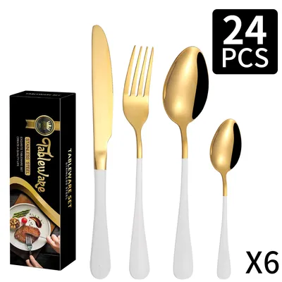 Imagen del producto de Juego de cubiertos para 6 personas, 24 piezas, con cuchillos de una sola pieza, acero inoxidable pulido, brillante, apto para lavavajillas, color blanco dorado