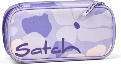 A close-up studio shot of a purple floral pencil case.