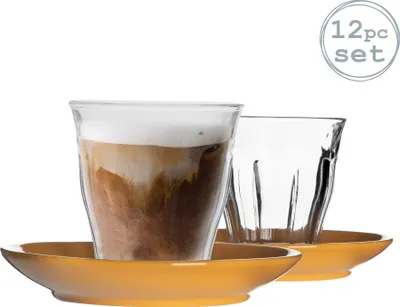 Produktbild von Duralex 12 Stück Picardie Glas Kaffeetasse und Keramik Untertasse Set - Modern Style Tumbler-Becher für Latte Cappuccino - Gelb - 220ml