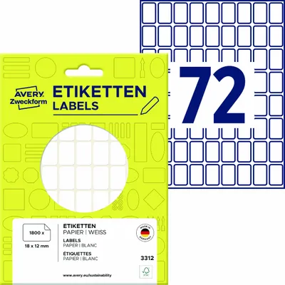 Produktbild von Avery Zweckform 3312, Vielzweck-Etiketten, 18 x 12 mm, 1.800 Etiketten / 25 Bögen, Weiß