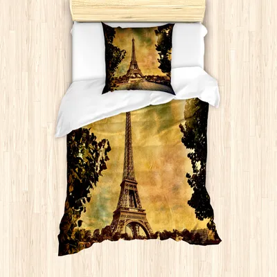 Produktbild von ABAKUHAUS Eiffelturm Mantele, Eiffelturm-Baum, Milbensicher Allergiker geeignet mit Kissenbezügen, 135 cm x 200 cm - 80 x 80 cm, Brown Mustard