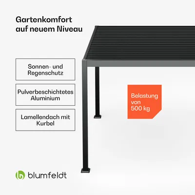 Produktbild von Blumfeldt Pavillon, Lamellendach, Schwarz, verzinkter Stahl & pulverbeschichteter Aluminium-Rahmen, wasserdicht, stabil, winterfest, 3x3x2,5m, ca. 128kg, per Kurbel, für Garten & Terrasse