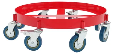Image de Chariot de transport en acier pour fûts d'huile de 55 gallons - Chariot robuste pour charges lourdes - 8 roulettes pivotantes (2 avec frein) - Capacité de charge : 900 kg - Rouge
