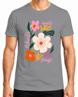 Zdjęcie produktu dla T-shirt męski, kolor szary, rozmiar M. Nadruk: "Liberté Égalité Fckafd Blumen Freiheit Statement" (sarkastyczny motyw kwiatowy)