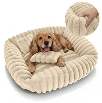 Produktbild von Domarex Dogguru Tola Hundebett 80x70 cm Hundesofa mit Kissen Rabbit Fur Plüsch Anti-Rutsch Waschbar Für Mittelgroße Hunde & Große Katzen, Beige