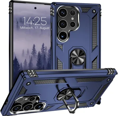 A blue phone case with a ring holder is shown from multiple angles, with a phone screen displaying the time and date.