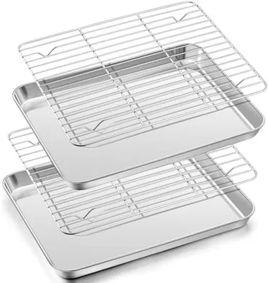 Produktbild von PolkaHome® Backblech mit Kühlrost-Set, Edelstahl, 2 Backbleche + 2 Kühlroste, 31,5 x 24,5 cm, Silber