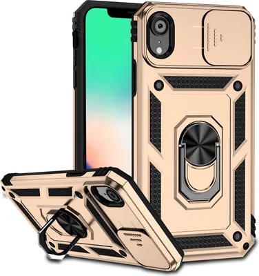 Image de Étui pour iPhone XR étui double couche avec couvercle coulissant pour appareil photo et support annulaire Or