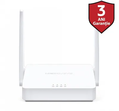 A white Mercusys router with two antennas, shown from the front-center on a white background. A red shield with white text '3 ANI Garanti' is in the top right corner.