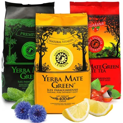 Produktbild von Mate Green Yerba Mate Tee Set - Mate Green Mas Energia Guarana 400g, Mate Green Lemon 400g, Mate Green Absinth 400g - Brasilianische mate-tee 1200g