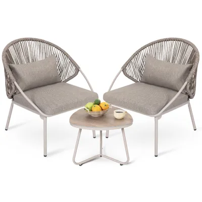 Produktbild von Avestar 3-tlg. Bistro Set, Balkontisch mit Holzmaser-Optik und 2 Rattanstühlen mit Kissen, Graubraun und Weiß