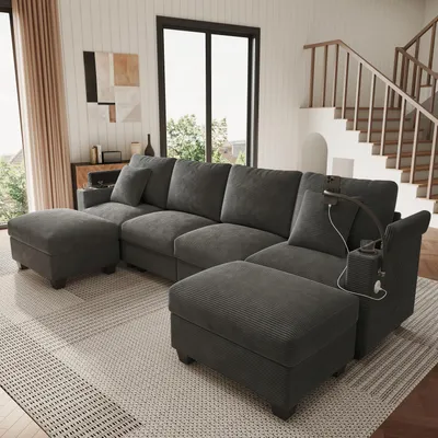 Produktbild von Merax U-förmiges Ecksofa 6-Sitzer, Soffa mit Schlaffunktion, großes modulares Cordsofa, mit USB-Ladeanschluss, Handyhalter, Becherhalter, Couch, Grau