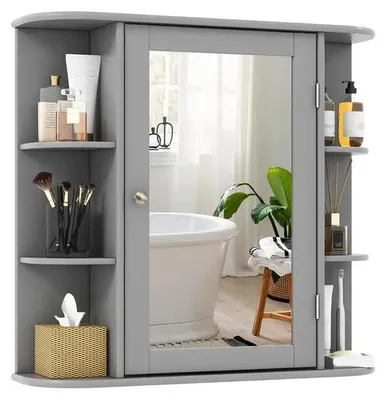 Image de Rangement mural multifonctionnel pour salle de bain avec miroir, couleur gris