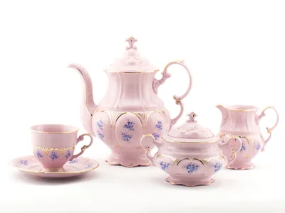 Produktbild von Leander Kaffeeservice, blaue Blumen, rosa Porzellan, Leander, 15 Stück