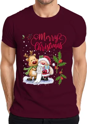 Produktbild von Merry Christmas Santa Rentier Wunschliste Mistelzweig - Weihnachten Weihnachtsgeschenk Herren T-Shirt, Burgundy, XL