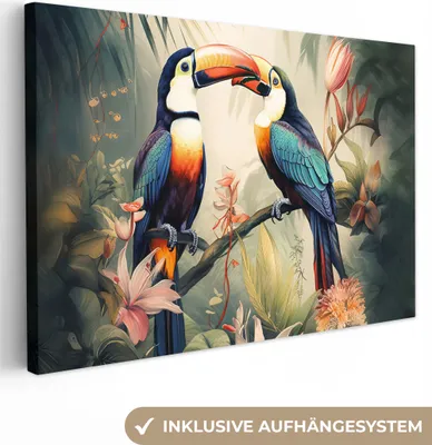 Produktbild von MuchoWow® - Leinwandbilder - Tukan - Vögel - Blumen - Natur - Dschungel, Wandbild, Wanddeko Bilder Wohnzimmer, 120x80 cm