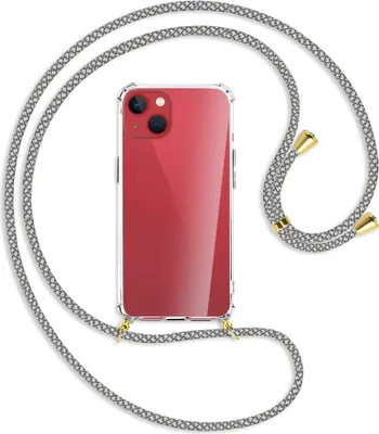Produktbild von Handykette Backcover-Schutzhülle mit Band (Metall goldfarben) für Apple iPhone 13 - weiß/grau kariert