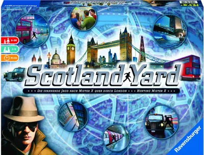 The image is the box art for the board game Scotland Yard, featuring various London landmarks and game elements.
