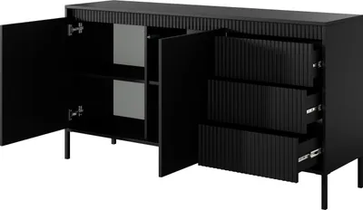 Image de Commode BETTSO SENSO 153 x 81 cm, noire – Commode large avec façades et tiroirs rainurés