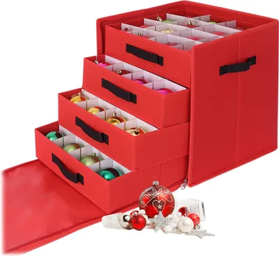Zdjęcie produktu dla Pudełko do przechowywania bombek świątecznych Relaxdays, 64 bombki, wys. x szer. x gł.: 40 x 36,5 x 36,5 cm, poliester, tektura, pudełko na bombki, kolor czerwony
