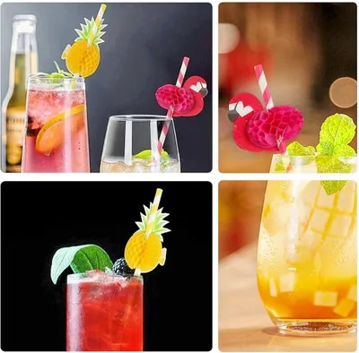 Produktbild von Bunte Ananas Flamingo Hawaiiaanse Party-Strohhalme - 50 Stück, biologisch abbaubares Papier, tropische Feiern Luau Party Geschirr Zubehör Dekorationen