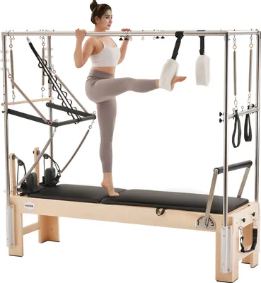 Produktbild von VEVOR Pilates Reformer Maschine aus Holz für Fitnessstudio zu Hause, Krafttrainingsgerät mit doppeltem Widerstand & Reformer-Box & Sprungbrett, für Fortgeschrittene und Anfänger, bis zu 181,44 kg