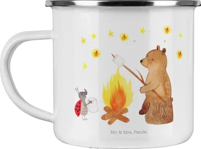 Produktbild von Mr. & Mrs. Panda Emaille Becher Bär & Marienkäfer Lagerfeuer - Weiß - Geschenk, Tasse, Blechtasse, Teddy, reisetasse, Teetasse, Pott, Haferl