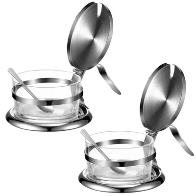 Produktbild von Gewürzbehälter 2er Set Edelstahl Glas mit Klappdeckel Löffel 115×65mm für Salz Zucker Pfeffer Küche Aufbewahrung