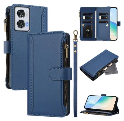 Produktbild von Handyhülle für Motorola Moto Edge 50 Fusion Reißverschluss Geldbörse Kunstleder Klapphülle mit Kartensteckplatz, Ständer, Handschlaufe Dunkelblau
