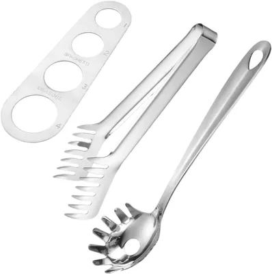 Produktbild von 3-teiliges Pasta-Besteckset aus Edelstahl: Zange, Spaghettilöffel, Messbecher – praktisches Koch- und Servierzubehör