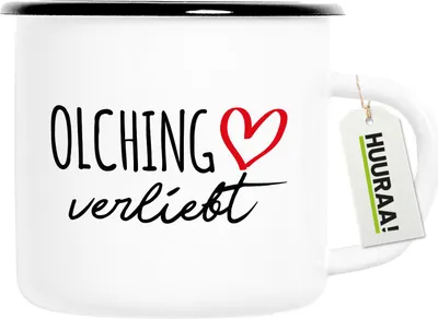Produktbild von Huuraa Emaille Tasse Olching verliebt 300ml Vintage Campingbecher Geschenkidee
