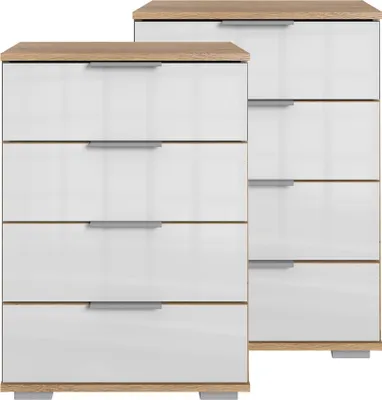 Produktbild von Schlafzimmer Nachttisch 2er Set, auch für Boxspringbett geeignet, in Plankeneiche Nb. mit weißem Glas ELSTRA-43, B/H/T ca. 52/74/38 cm