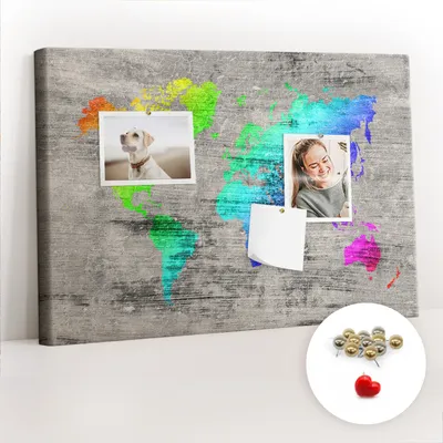 Produktbild von Korkwand mit Stecknadeln – Wanddekoration – 60x40 cm – 100 Metall-Stecknadeln – Weltkarte