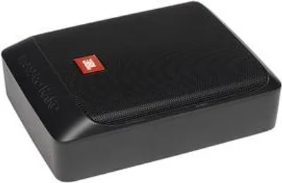 A black JBL Bass Pro Nano subwoofer is shown from a slightly elevated side angle against a white background.