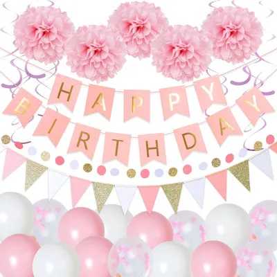 Productafbeelding van Verjaardagsdecoratieset, 36 stuks: roze "Happy Birthday" slingers, pompons, vlaggenketting en ballonnen