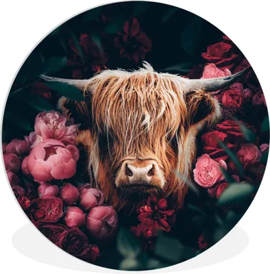 Produktbild von MuchoWow® Rundes Wandbild - Runde Bilder Kuh - Schottischer Highlander - Blumen - Botanisch Ø 30 cm Kreis Wanddekoration Kunststoff - Wandkreis - Wandschmuck - Schlafzimmer - Bilder - Der Kreis - Kunst für die Wohnung - Plastik - Kunstdruck - Wandbild