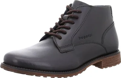 A single black leather boot with brown laces and a brown sole, shown from a side-diagonal angle against a white background.