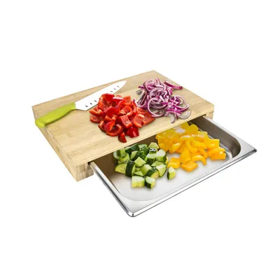 Immagine prodotto di Tagliere in bambù con cassetto in acciaio inox - 39 x 26 x 6 cm - Organizzatore da cucina multifunzionale - Sostenibile e pratico - Marrone