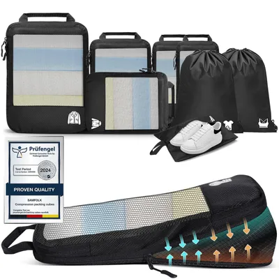 Productafbeelding van Packing cubes compression kofferorganizer - 8-delig - Zwart - Voor rugzak en reizen