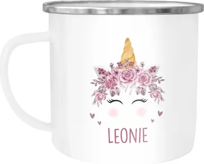 Produktbild von Kinder-Tasse Emaille Bär, Fuchs, Einhorn mit Namen personalisierte Namenstasse für Kinder Tiermotive SpecialMe® Einhorn emaille-weiß-silber standard