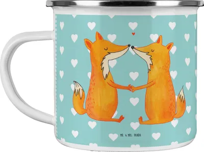 Produktbild von Mr. & Mrs. Panda Pott Füchse Liebe - Türkis Pastell - Geschenk, Fuchs, Motivtasse, becher emaille, Partner, Tasse, Freund, emaillebecher, Freundin, Teetasse