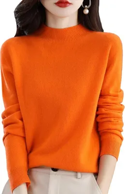 Image de ASKSA Femme Pull-over léger à col montant Manches longues Pull-over Sweatshirt Solid Soft Hauts, Orange, 2XL