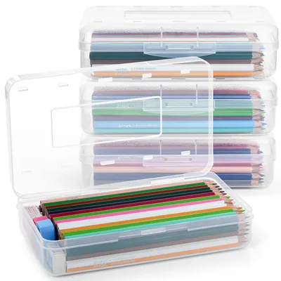 Produktbild von Set mit 4 stapelbaren Stifteboxen aus Kunststoff mit Schnappdeckeln, für Schule und Bürobedarf