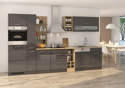 Produktbild von Küchenblock Mailand 340 cm mit Apothekerauszug grau hochglanz ohne Elektrogeräte