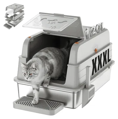 Image de JUMMICO, litière pour chats de 120 litres, en acier inoxydable, 3-en-1 (ouverte/semi-fermée)