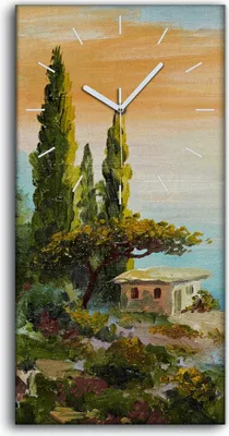 Produktbild von Dekor Leinwand Uhr Wandbilder 30x60 Ölgemälde Bäume Küste Himmel Sonnenuntergang - weiße Hände
