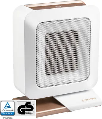 Produktbild von TROTEC Keramik-Heizlüfter TFC 14 E in edlem weiß/gold mit 2 Heizstufen bis zu 1.400 Watt und Ventilatorfunktion. Besonders sicher durch den integrierten Kipp-Abschalter.