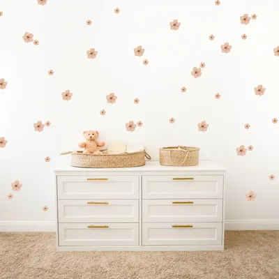 Image de Autocollants muraux pour filles, motifs floraux, beige/marron, 86 pièces, pour chambre d'enfant