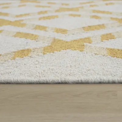 Produktbild von TT Home Wohnzimmer Teppich Handgewebt Geometrisches Skandi Design Wolle Baumwolle Gelb Größe 80x150 cm