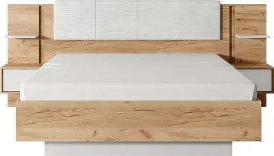 Produktbild von Bett mit Nachttischen 160 x 200 cm - Mit LED-Beleuchtung - Natur und weiß - ELYNIA